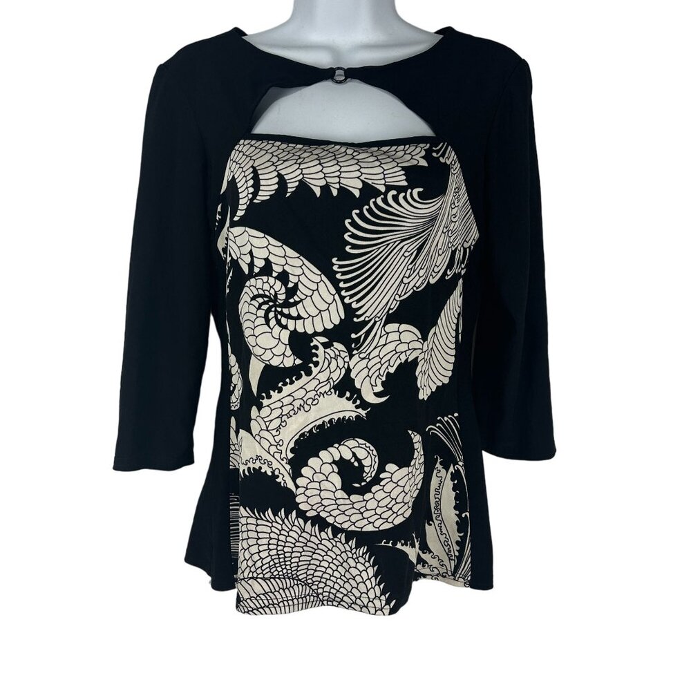 Linda Segal Black & Beige Abstract Print Top With Keyhole Detail Size Medium